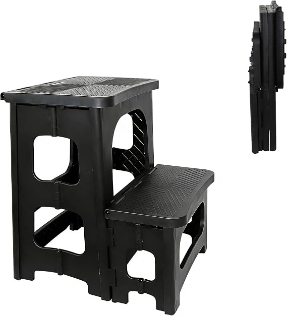 Two Step Folding Step Stool,Ladder Portable Collapsible Bedside Step Stool,Assistance Step Up Stool,Non-Slip,Holds Up to 136kg for For Adults & Kids Kitchen Sink/Bath Stool,Black
