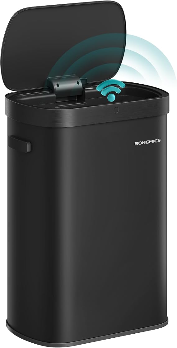 SONGMICS Trash Can, 13-Gallon, Stainless Steel, Soft-Close Lid | Automatic garbage can, motion sensor, wave or touch to open, 50 L, Ink Black ULTB640B01