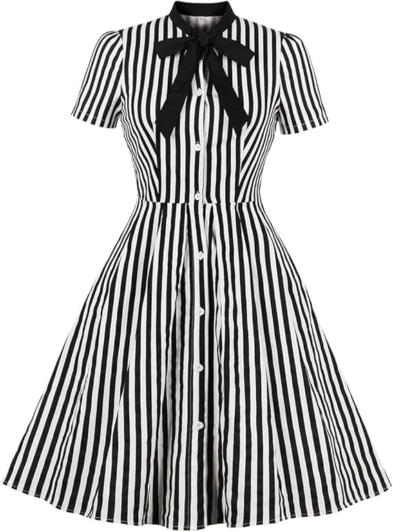Women 1950s Vertical Striped Dress Halloween Costume Vintage Buttons Tie Rockabilly Pinup Dress 50s Cosplay Outfits