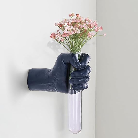 Blue Wall Sculptures, Hand Vases Home Decor, Wall Mount Art Sculpture, Unique Wall Art Statue, Funky Flower Vase Decorations, Modern Eclectic Hanging Decor,Glass Test Tube Vase