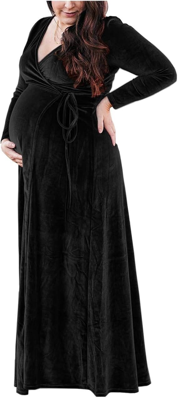 Velvet Wrap Dress for Women Long Sleeve V Neck Formal Dresses Maxi Evening Party Gowns with Split