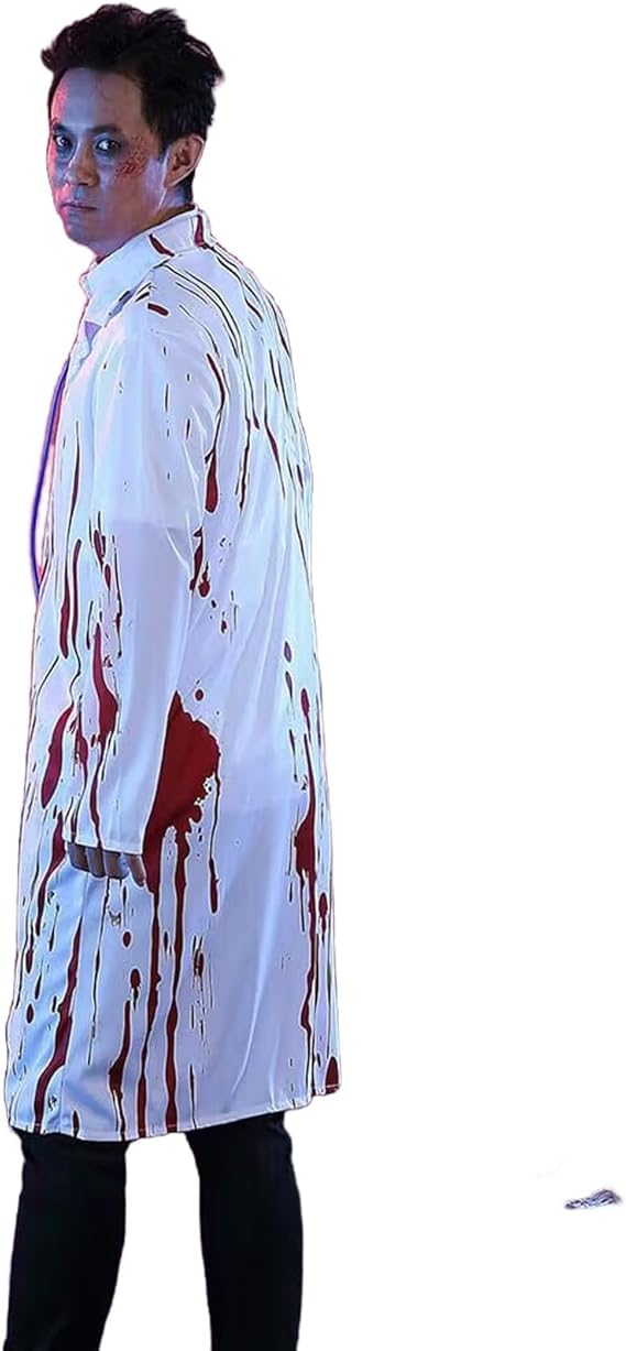 PURFUN Men Women Bloody Coat Doctor Costume Long Sleeve Lab Coat with Faux Blood Stains, Scary Killer Caregiver Zombie Costume Robe Uniform Halloween Cosplay Role-Playing Party Outfits Props