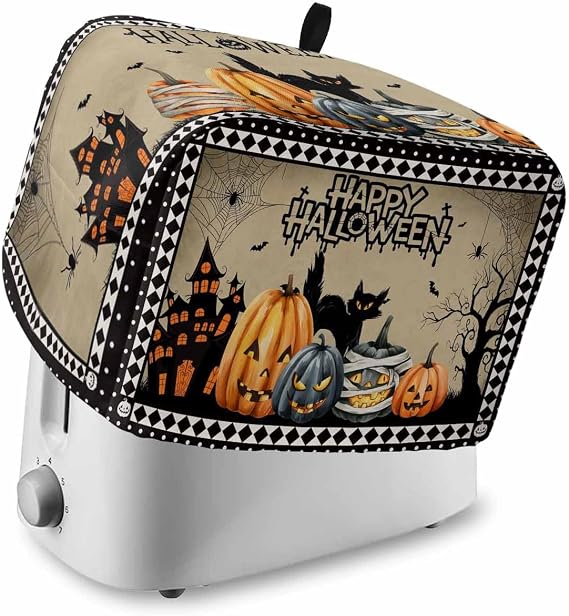 Halloween 4 Slice Toaster Cover Small Appliance Cover Toaster Dustproof Fingerprint Protectors Machine Washable, Haunted House Black Skull Pumpkin Cat Bat Spi-der Checkered Flag