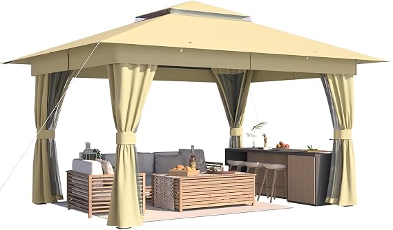 YOLENY 10'x13' Canopy Gazebo, Heavy Duty Party Tent with Double Roofs, Outdoor Canopy with Curtains and Nettings for Deck, Lawn and Backyard, Kahaki