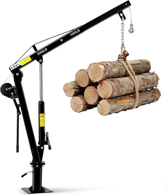 Hydraulic Pickup Truck Crane, 2000 Lbs, Folding Truck-Mounted Bed Crane with Hand Winch, Steel Pickup Truck Jib Crane Hoist 360 Swivel for Lifting Goods in Construction, Factory