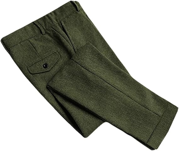 Men's Herringbone Pants Vintage Slim Fit Casual Wool Tweed Flat Front Pants