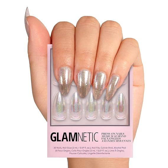 Glamnetic Press On Nails - Stardust | Medium Pointed Almond, Holographic Fake Nails, Salon Quality | 15 Sizes - 30 Nail Kit with Glue