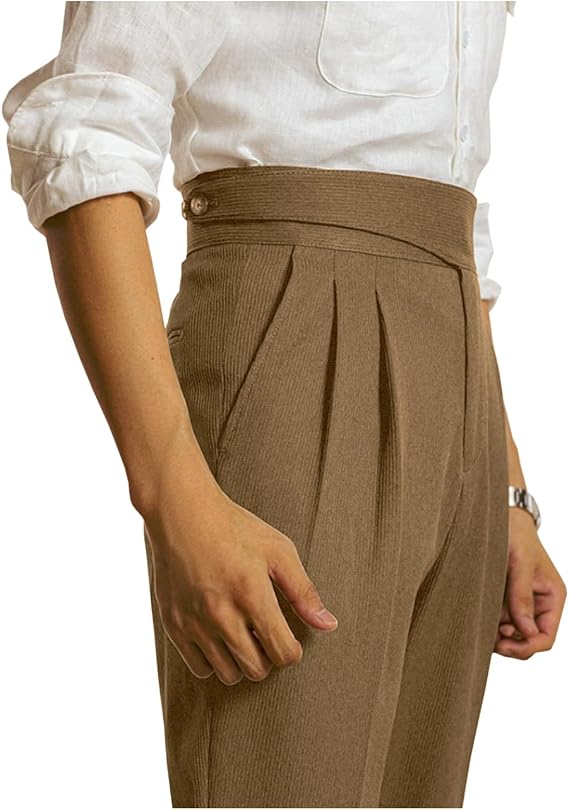 Men's Corduroy Pants Slim Fit High Waisted Pant Retro Texture Trousers Formal Business Casual Pleated Dress Pant