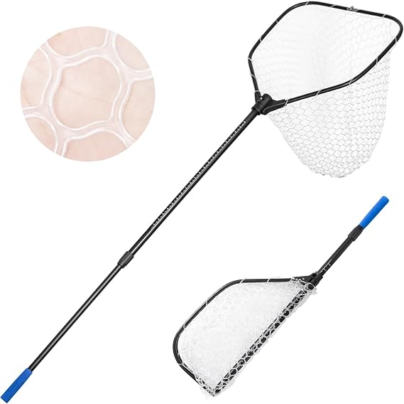 Foldable Long Fishing Net, Large Landing Net with Telescoping Handle | 19" Max Length, 20"x19" Hoop, Collapsible, Extendable, Lightweight & Strong, Fish Net with Rubber Mesh