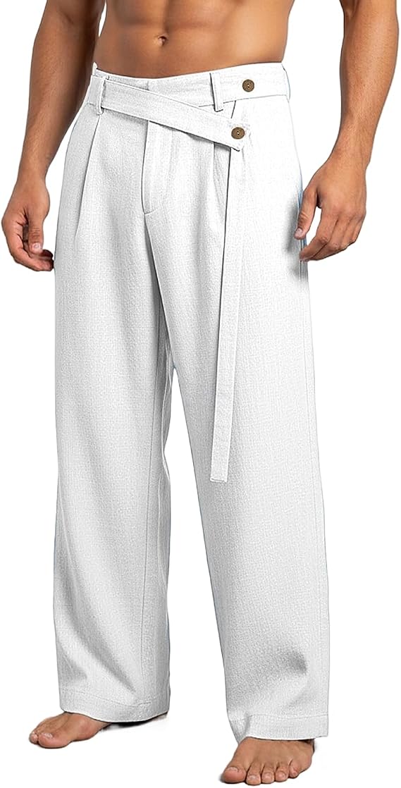 Linen Pants Men Casual Classic Gurkha Naples Italian Style Dress Pants Loose Fit Travel Vacation Lounge Pant with Pocket