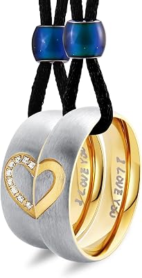 Aienid Matching Necklace, Couple Necklaces for Him and Her Stainless Steel 2Pcs Couple Ring Heart Pendant for Promise
