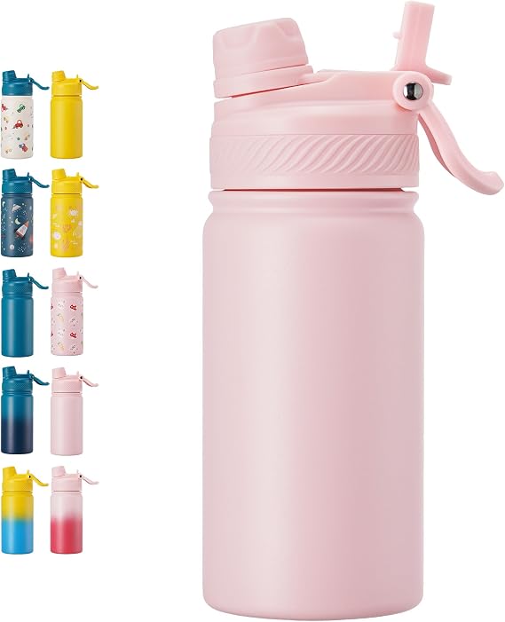 Fijinhom 12 oz Kids Water Bottle, 2-in-1 Stainless Steel Vacuum Insulated Water Bottle for Toddler, Leak Proof Spout & Straw, Double Wall Thermal Flask for Boys&Girls, School, Outdoor, Travel (Pink)