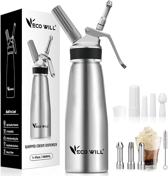 Professional Whipped Cream Dispenser, Durable Aluminum Cream Whipper with 2 Sets of Stainless Steel and Plastic Tips & Cleaning Brush, 1 Pint / 500ml