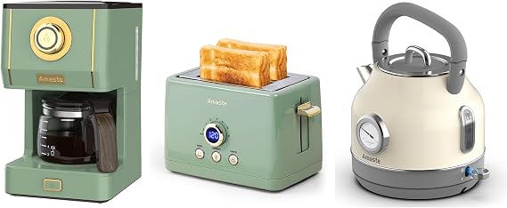 Amaste Green Coffee Maker & Green Toaster & White Retro Electric Kettle Set