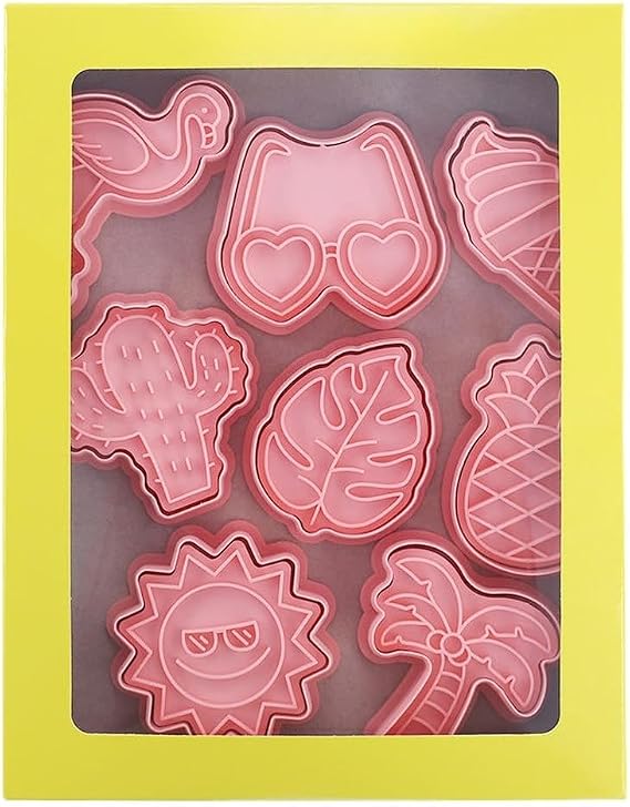8PCS Summer Themed Cookie Cutters Set, Sturdy PP Biscuit Molds for Kitchen Baking, Pink Assorted Shapes for Festive Treats