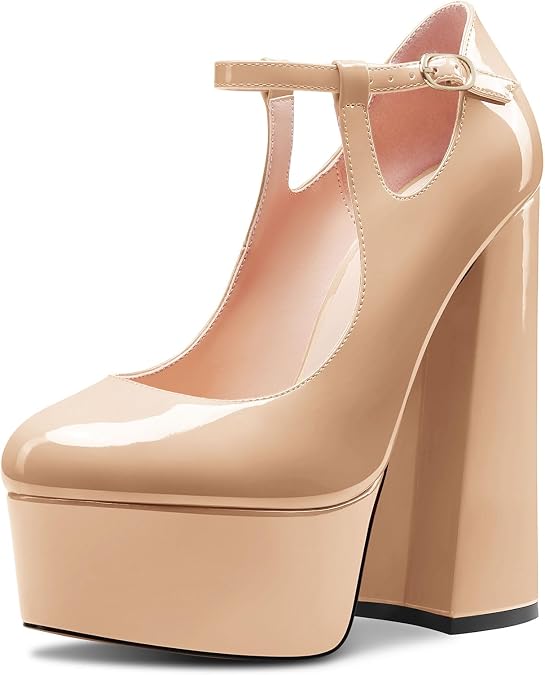 Aisicoo Womens Chunky Block High Platform Heel Round Toe Pumps Ankle Strap Buckle Party Basic Classic 5.9 Inches Heels
