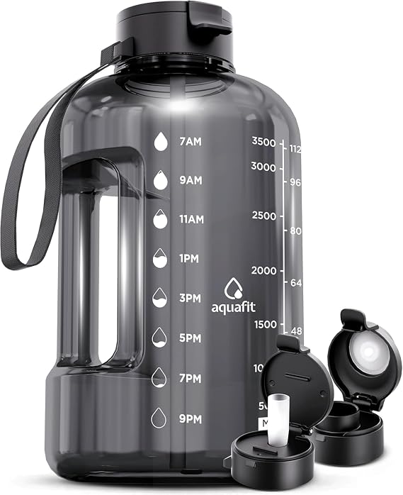 AQUAFIT 1 Gallon Water Bottle with Time Marker | BPA Free 128 oz Water Bottle with Straw and Chug Lids - Leakproof Gym Water Bottle with Carry Handle (Gray)