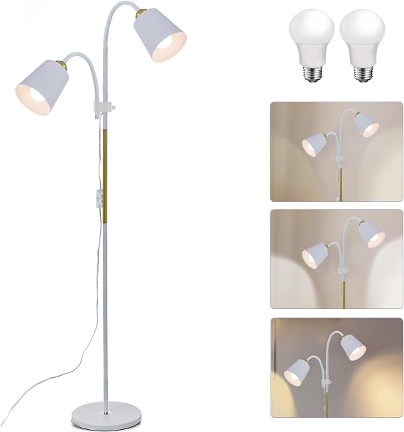Adjustable Height Floor Lamp Short Black Floor Standing Reading Lamp | Tall Floor Lamps for Living Room Bedroom Office, 2x12W LED Bulbs Included