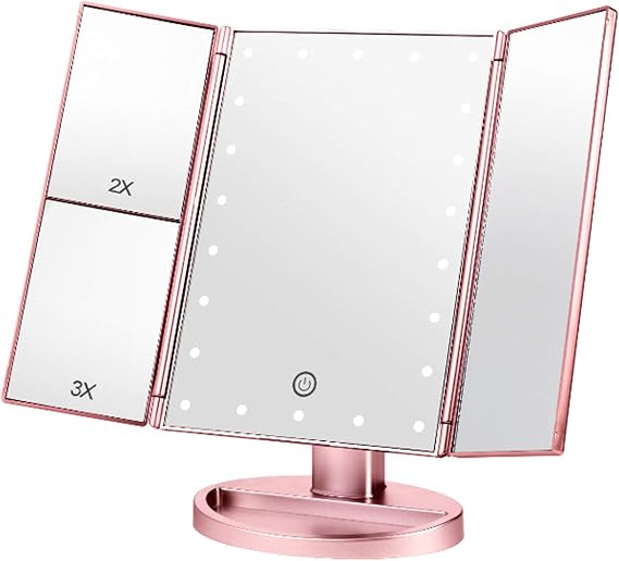 LED Makeup Mirror, 10X Magnification Vanity Mirror, Tri-fold Vanity Mirror with 22 LEDs, Touch Screen Lighted Make Up Mirror(Color:Rose Gold)