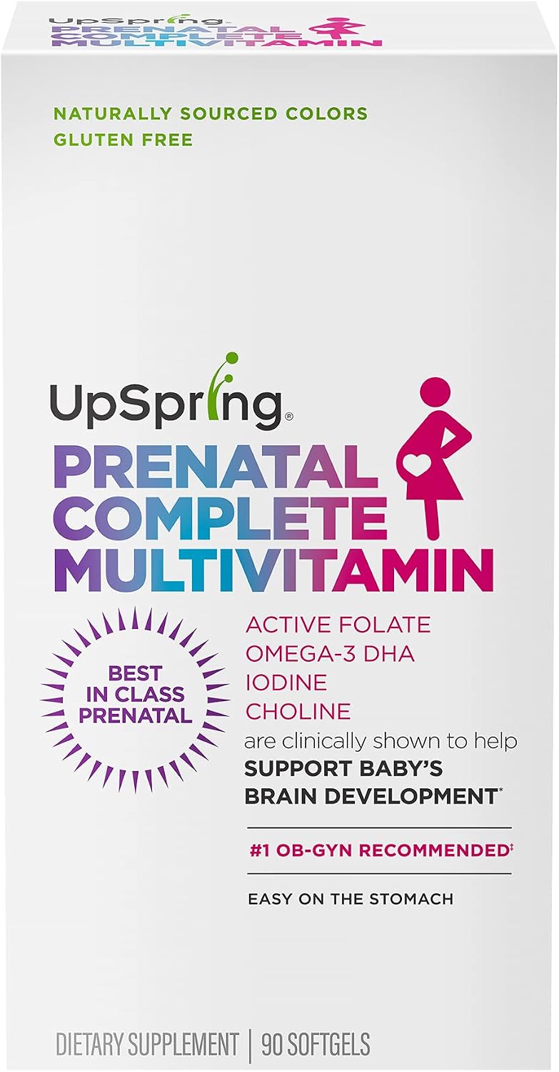 UpSpring Prenatal Complete Multivitamin | Folate, Omega-3 DHA, Iodine, Choline, Iron | Easy-to-swallow, comfortable on the stomach | Naturally sourced colors, gluten free, non-GMO | 30 Day Supply–90Ct