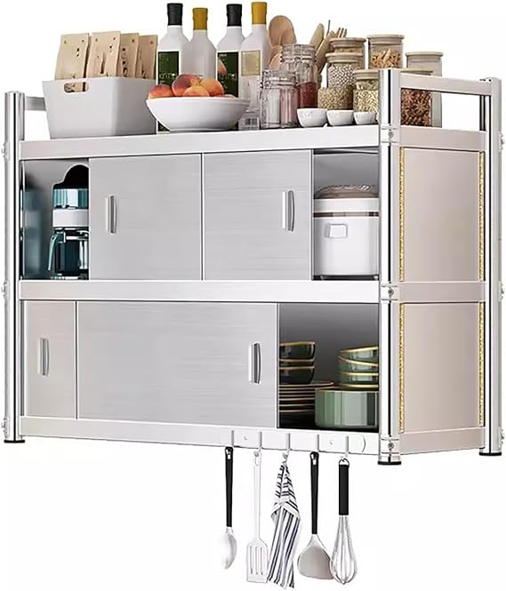 Stainless Steel Kitchen Wall Cabinet - 304 Brushed Metal Pantry Storage with Sliding Doors - Wall-Mounted Organizer for Bathroom, Garage & Restaurant(L100xW30xH90cm)