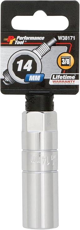 Performance Tool W38171 3/8 in. Drive 14 mm 12-Point Spark Plug Socket | Automotive socket has recessed edges to reduce rounding. Chrome vanadium steel resists corrosion. Large stamping