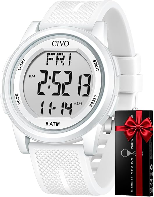 CIVO Digital Watches for Men Waterproof: Sports Watch with LED Big Face White Silicone Strap - Stopwatch Countdown for Athletes in Outdoor Running and Cycling