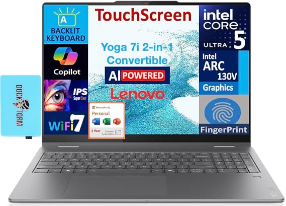Lenovo Yoga AI Powered 2-in-1 Laptop 16.0" Touchscreen IPS WUXGA Display (Intel Ultra 5-226v, 16GB LPDDR5X, 2TB M.2 PCIe SSD, Backlit KB, Win 11 Pro) w/MS 365 Personal, DKZ USB Port Expander