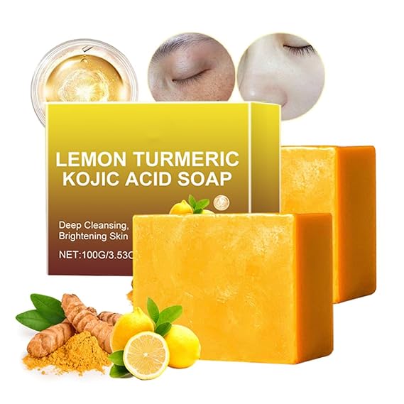 Jabon de Curcuma Para las Manchas, Acido Kojico para Manchas, 2PCS | Jabon de Curcuma, Aceite de Coco, Vitamina E, Triple Para Rostro y Cuerpo, Jabon Para Piel Grasa y Seca