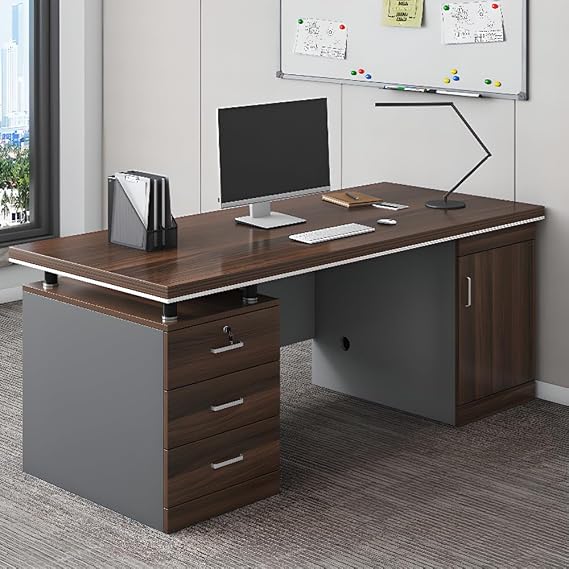 LITFAD Wood Executive Office Desk with Cabinet & Locking Drawer, Brown