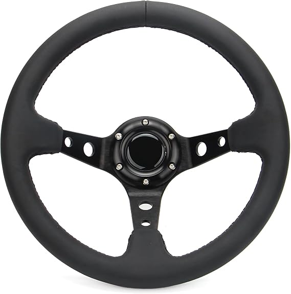 Universal 6 Bolts Racing Steering Wheel 320mm 12.5" Black Genuine Leather Grip Aluminum Frame Deep Dish Sports Drifting Steering Wheel with Horn Button