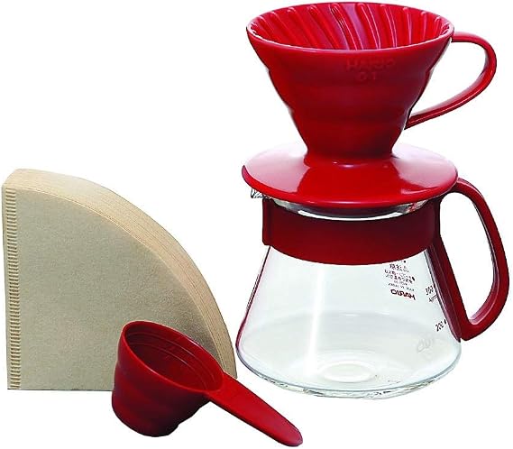 Hario V60 Ceramic Pour Over Coffee Set, Size 01, Red