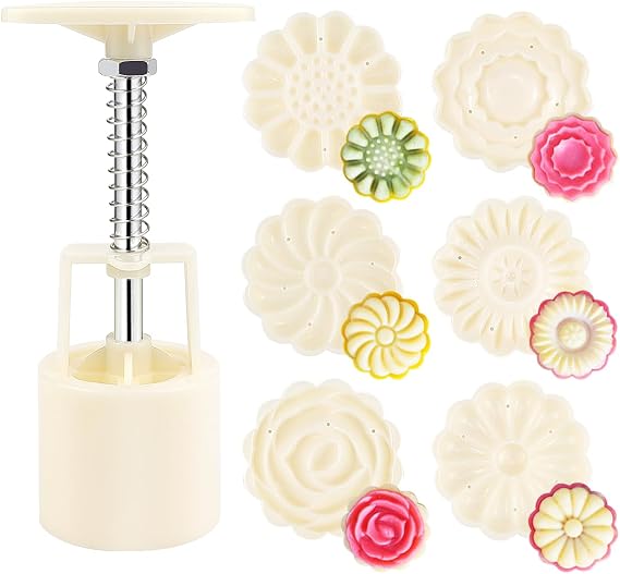 FERCAISH Moon Cake Mould 50g, Mooncake Mould Press with 6 Flowers Stamps, Mooncake Mold Flowers Stamps Set, for DIY Mooncakes Dessert Cupcake (Beige)