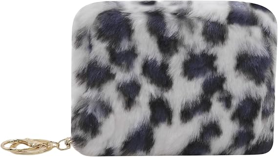 Women Furry Coin Purse Credit Card Holder Cute Leopard Fuzzy Plush Zipper Wallet Pouch with Key Ring Clip
