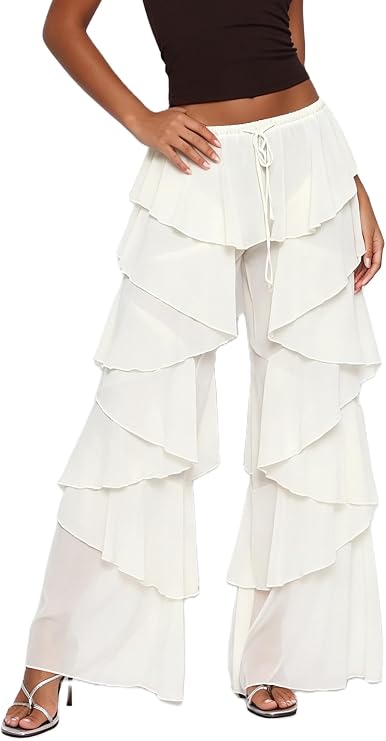 Women Ruffled Wide Leg Pants Casual Solid Drawstring Low Rise Long Trousers