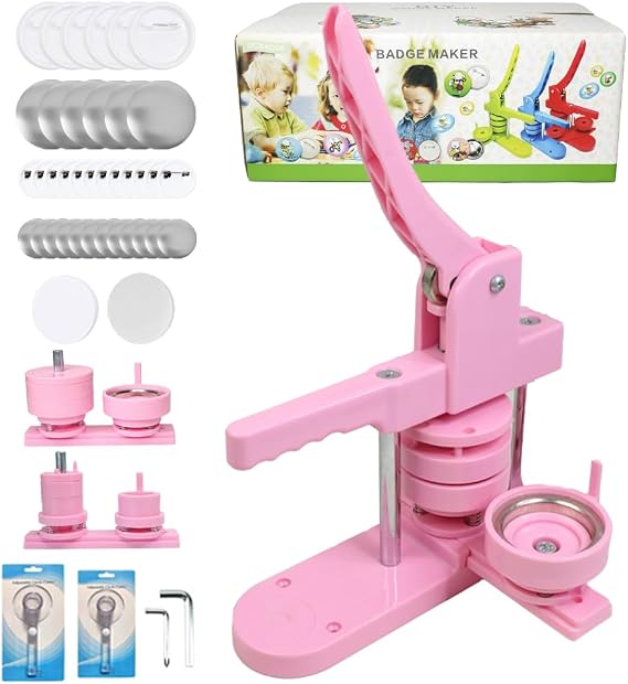 DCBADGE Button Maker Machine Multiple-Sizes, DIY Pin Button Maker Machine Kit with Interchangeable Button-Models&Free Button Parts&Circle Cutter&Wrench Gadget (Pink, 25+58mm)