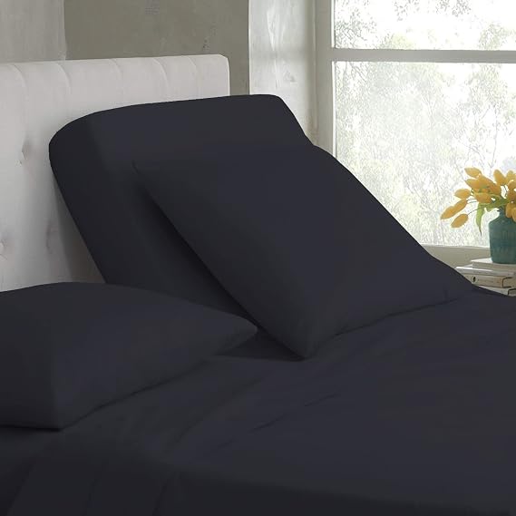 RECCI 100% Microfiber 4-Piece Split Top Queen Sheets Sets for Adjustable Bed with 18" Inch Deep Pocket Flex Head Queen Bedding Set Split Down 34" inches from The top - Black Solid