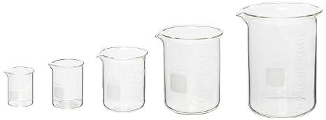 PYREX Griffin Borosilicate Glass Beaker - Low Form Graduated Measuring Beaker with Spout Premium Scientific Glassware for Laboratories, Classrooms or Home Use- PYREX Chemistry Glassware, 5 Piece Set