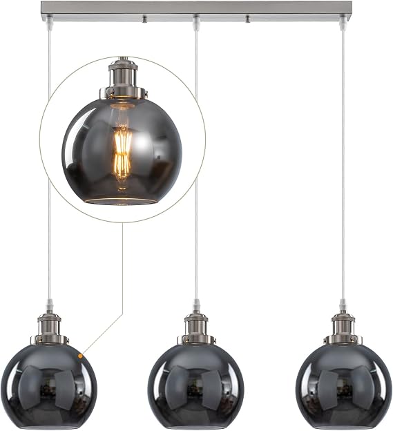 WILON Ceiling Lighting Vintage, 3 Pendant Light, Glass Grey Lampshades [Energy Class E]