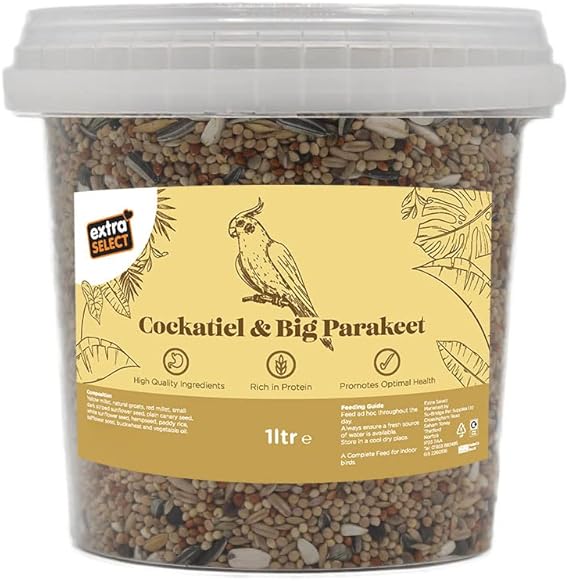 Extra Select Cockatiel & Big Parakeet Food: Complete High-Protein Bird Seed Mix for Indoor Birds - 1 Litre Bucket