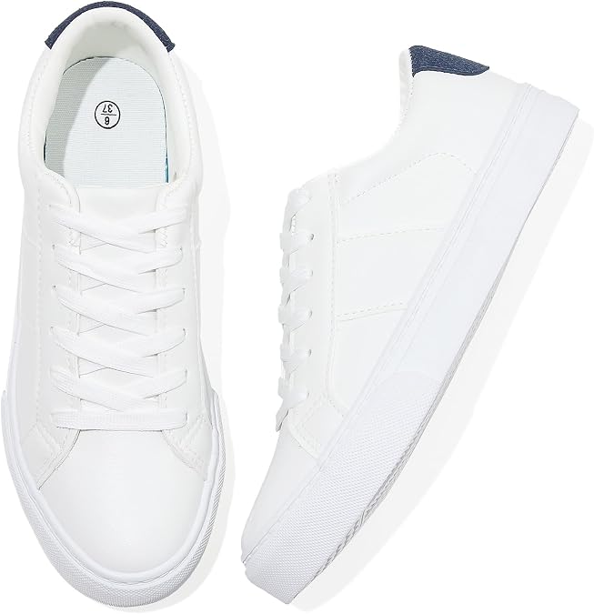 Adokoo Women's Fashion Sneakers PU Leather Casual Shoes White Tennis Low Top Shoes Womens Lace Up Sneakers