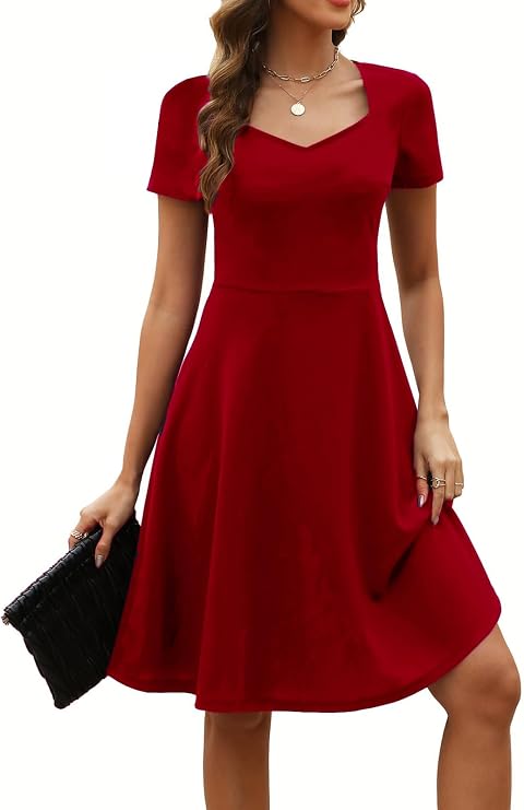 Women's Elegant Vintage Summer Sweetheart Neck Short Sleeve Casual Work Party Business A-Line Dress 163