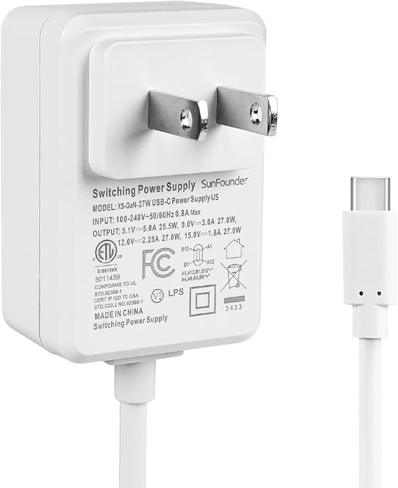 SunFounder 27W PD Power Supply for Raspberry Pi 5, 5.1V 5A GaN 1.2m 3.6ft USB-C Changer Adapter for Raspberry Pi 5 8G/4G/2G/Raspberry Pi 4/Pironman 5 (ETL Listed)