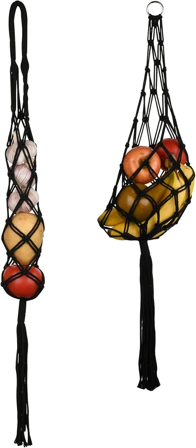 Beautyflier 2 Pieces Macrame Hanging Fruit Basket, Wall Hanging Potato Onion and Fruit Boho Fruit Holder Net for Kitchen Decor Black