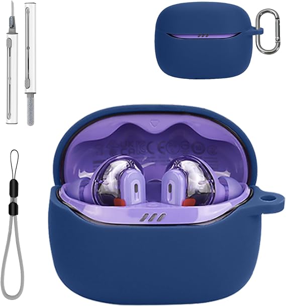 for JBL Tune Beam 2 Ghost/Beam 2 Case Cover with Cleaner Kit, Soft Skin Silicone Case Cover with Keychain and Lanyard,Full Protective Case for Men and Women-Blue