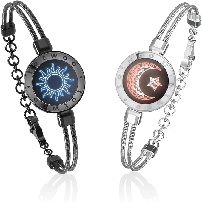 TOTWOO Long Distance Touch Bracelets with Vibration Function Smart Jewellery His and Hers Couples Matching Bracelets Sun and Moon Pattern Pair One-to-One via Bluetooth Couple Gifts Love Relationship
