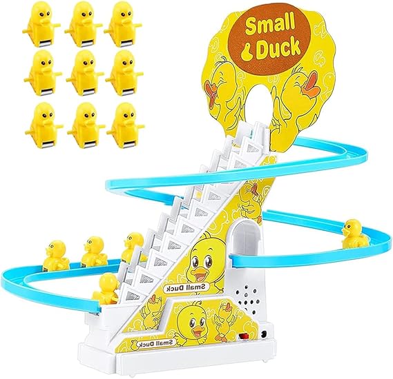 Small Ducks Climbing Toys,Electric Duck Climbing Stairs Tracks Slide Toy Set,Duck Roller Coaster Toy with Flashing Lights & Music On/Off Button
