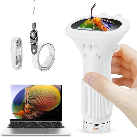 Microscope for Kids, 2'' Inch HD Screen Pocket Portable Microscope, 1000x Magnification Mini Magnifying Glass with Light for Kids, for 3-12 Girls & Boys - White