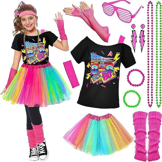 Tacobear 14Pcs Kids 80s Costume 5T-14 Accessories Set Halloween Party Fancy Outfits Cosplay 1980s Theme Retro Hop Hip Girls
