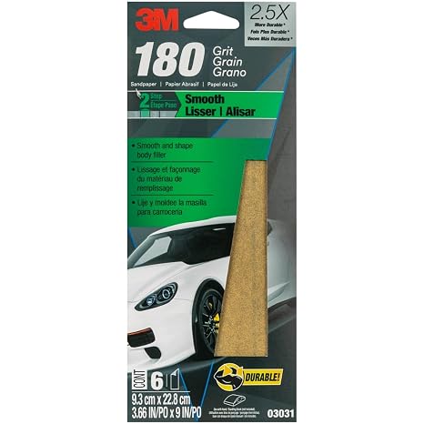 3M Sandpaper, 03031, 180 Grit, 3 2/3 in x 9 in, 6 Sheets